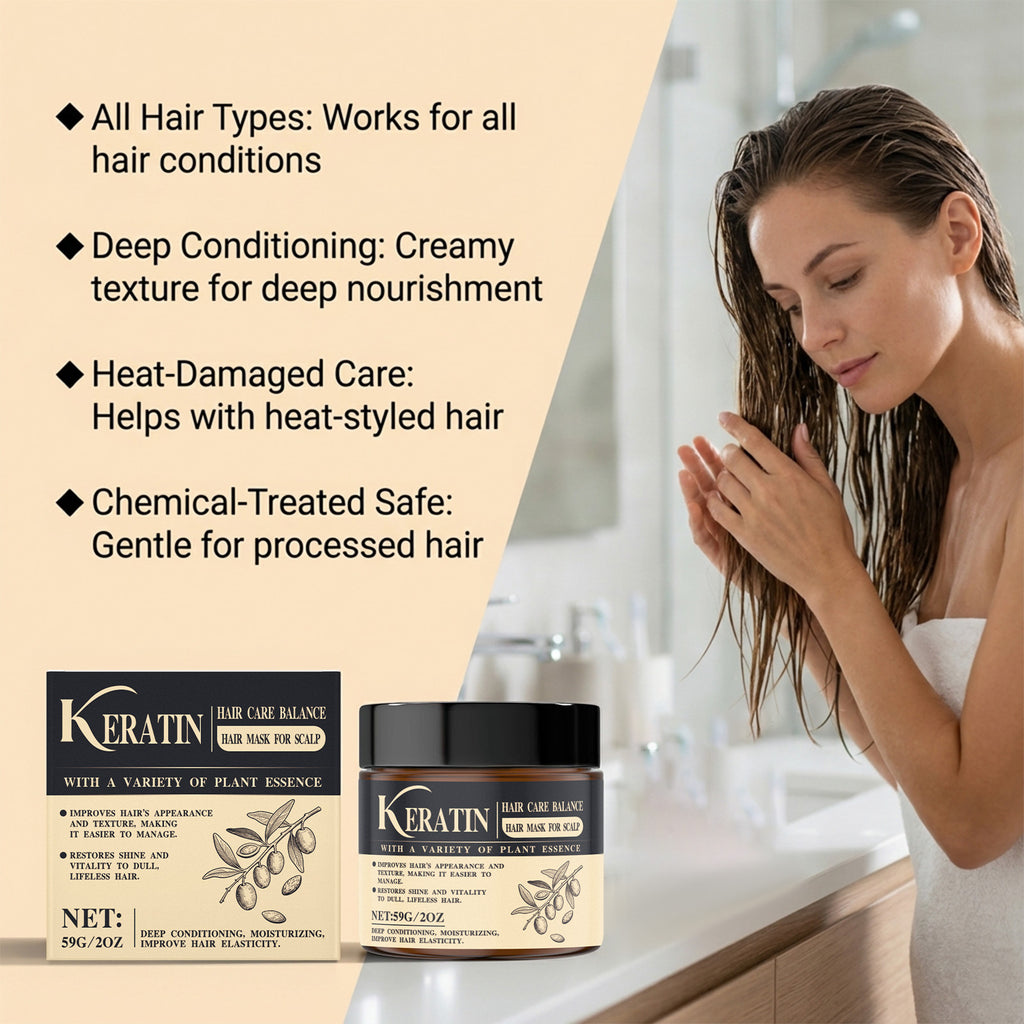 PureGlow keratin hair treatment mask for smooth, shiny hair; creamy conditioner with nourishing formula in a jar.