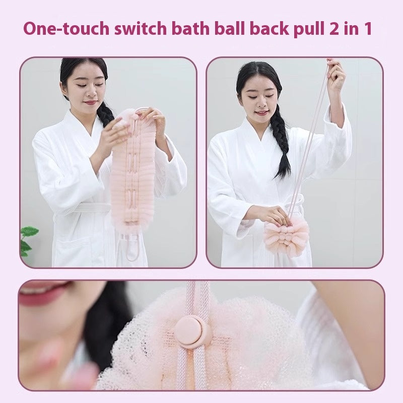 PureGlow stretchable loofah bath towel for exfoliating and drying, shown hanging with textured surface and vibrant color.