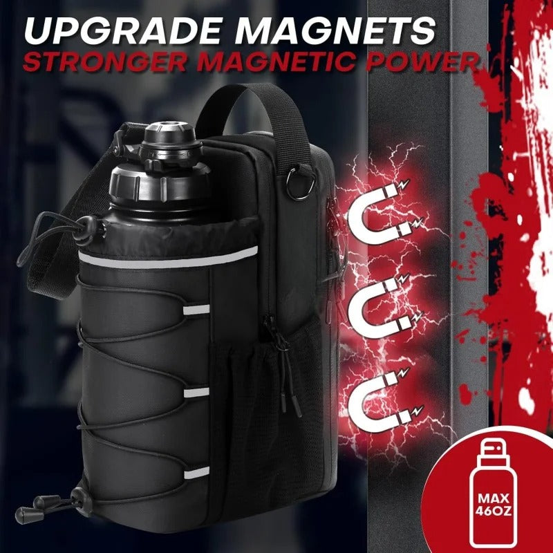 PureGlow magnetic gym water bottle bag attached to fitness equipment, designed for convenient carrying during workouts.