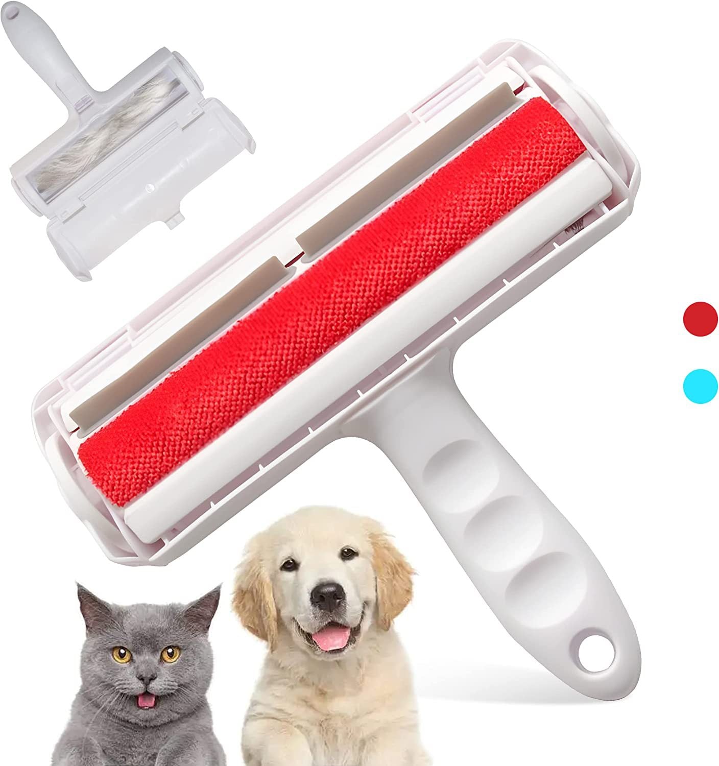 PureGlow reusable pet hair remover roller with a handle and sticky surface for removing pet hair from furniture and clothing.