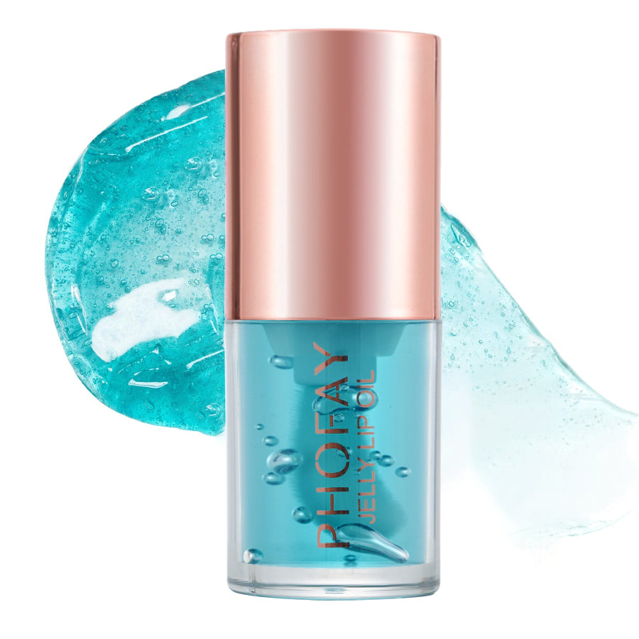 LuxeGlow Essentials PHOFAY Jelly Lip Oil in a clear glass bottle with a white applicator wand, showcasing glossy lip care product.
