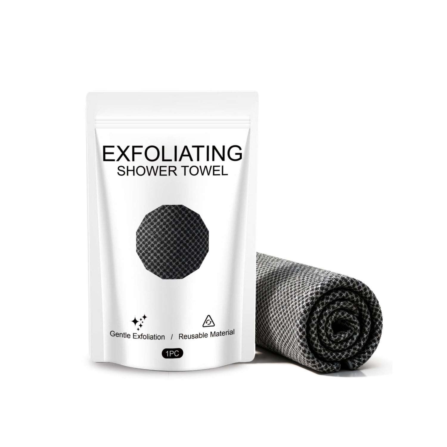 PureGlow exfoliating antibacterial shower towel with textured surface for cleansing and hygienic shower accessories.