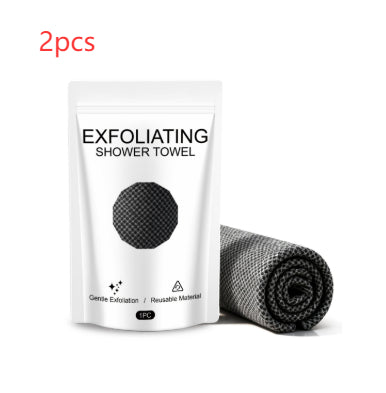 Two PureGlow exfoliating antibacterial shower towels with packaging on white background
