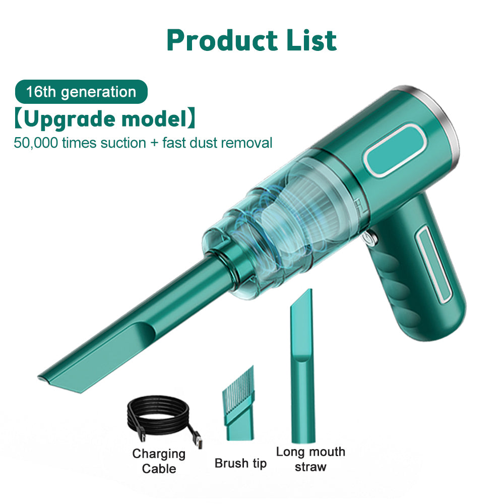 PureGlow portable car vacuum cleaner with compact design and hose, ideal for cleaning car interiors and removing dust and debris.