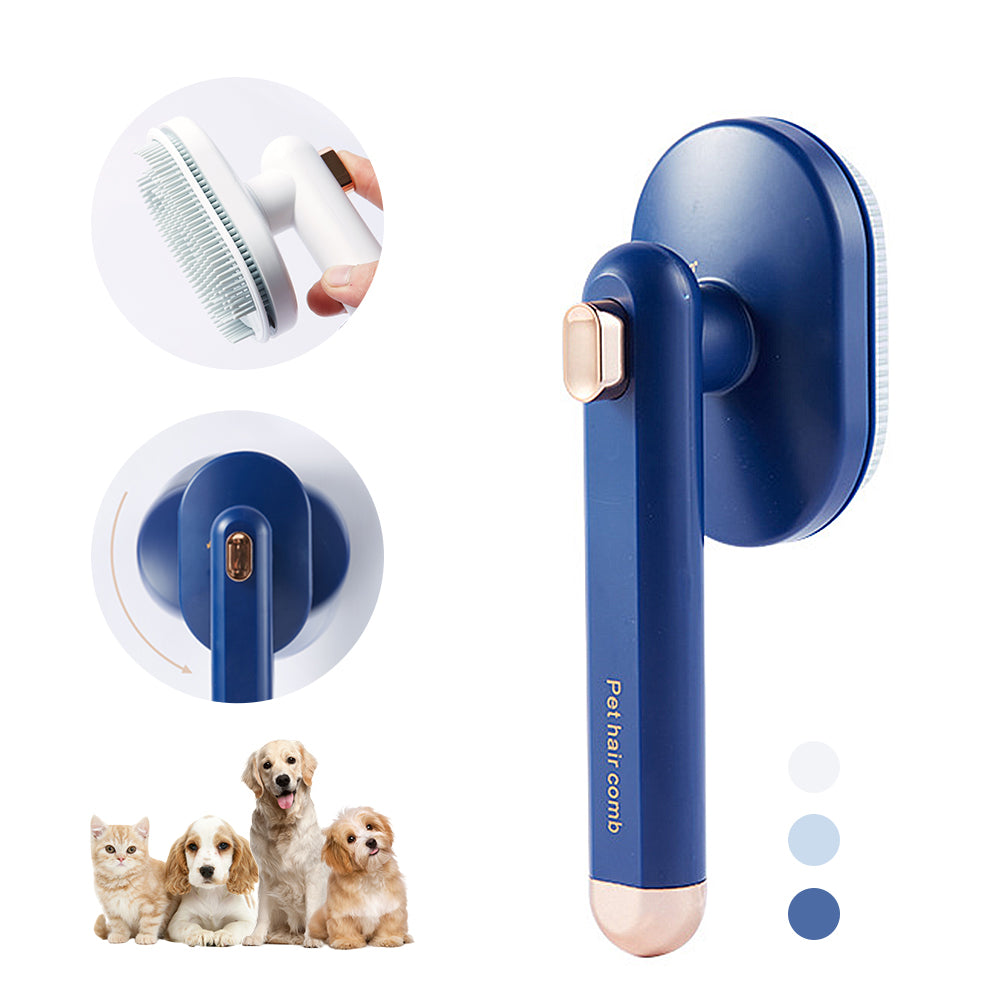 PureGlow self-cleaning pet hair brush with ergonomic handle and flexible bristles for easy removal of pet fur.