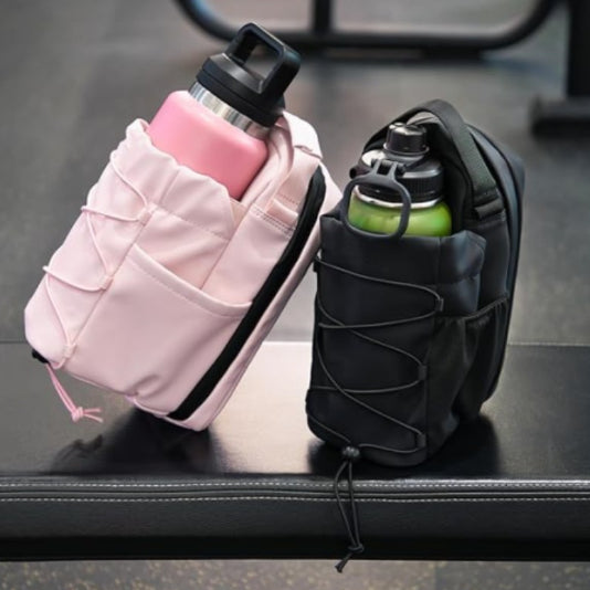 PureGlow magnetic gym water bottle bag attached to fitness accessories, designed for secure carrying during workouts.