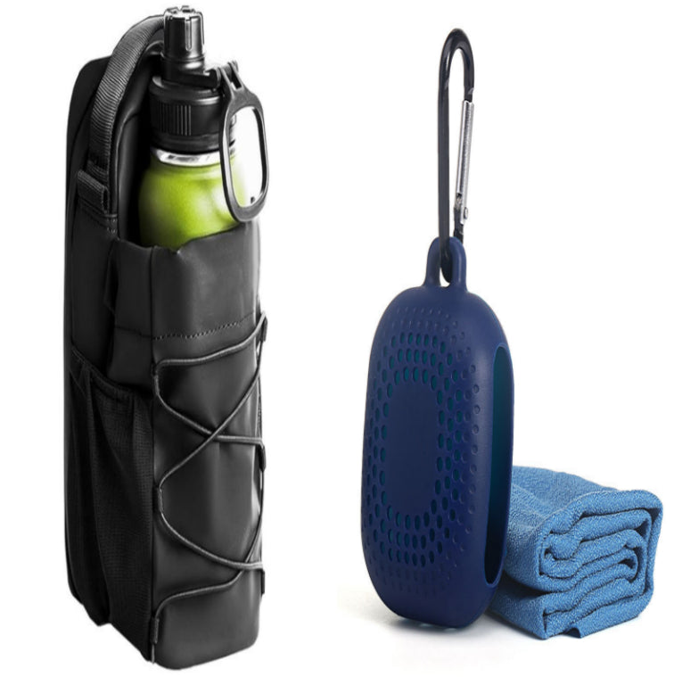 PureGlow magnetic gym water bottle bag attached to a fitness gym bag, showcasing convenient fitness accessories for active lifestyles.