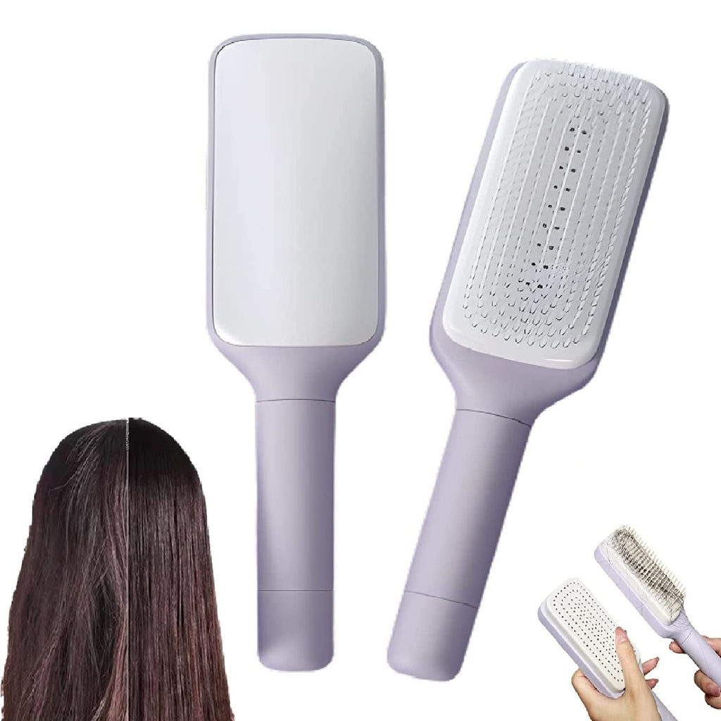 PureGlow self-cleaning 4-in-1 hair brush with ergonomic handle and versatile design for gentle hair detangling and styling.