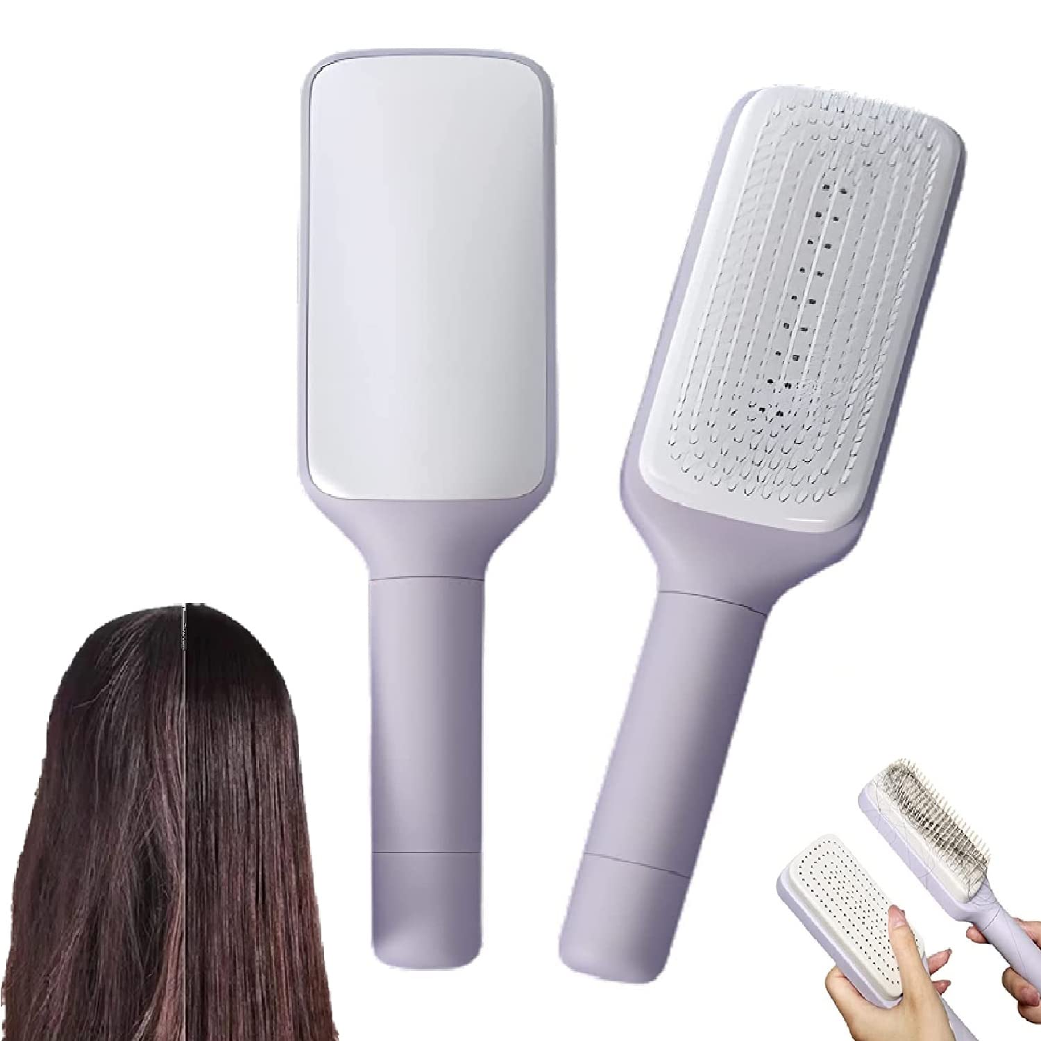 PureGlow self-cleaning 4-in-1 hair brush with ergonomic handle and versatile design for gentle hair detangling and styling.