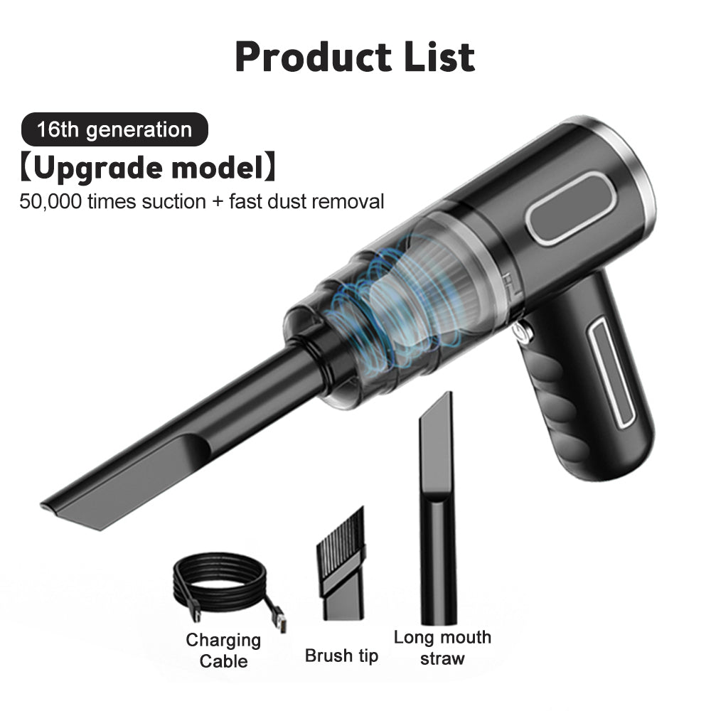 PureGlow portable car vacuum cleaner with handheld design, showing a sleek black and red appliance for cleaning vehicle interiors.