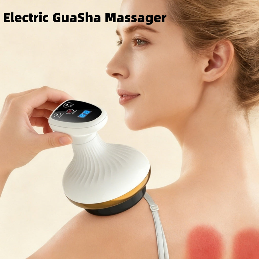 LuxeGlow Essentials electric Gua Sha board and cupping device for facial and body massage, with textured surface for skin therapy.