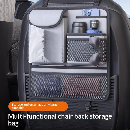 PureGlow car seat organizer storage bag attached to car seat with multiple pockets for easy access and organization.
